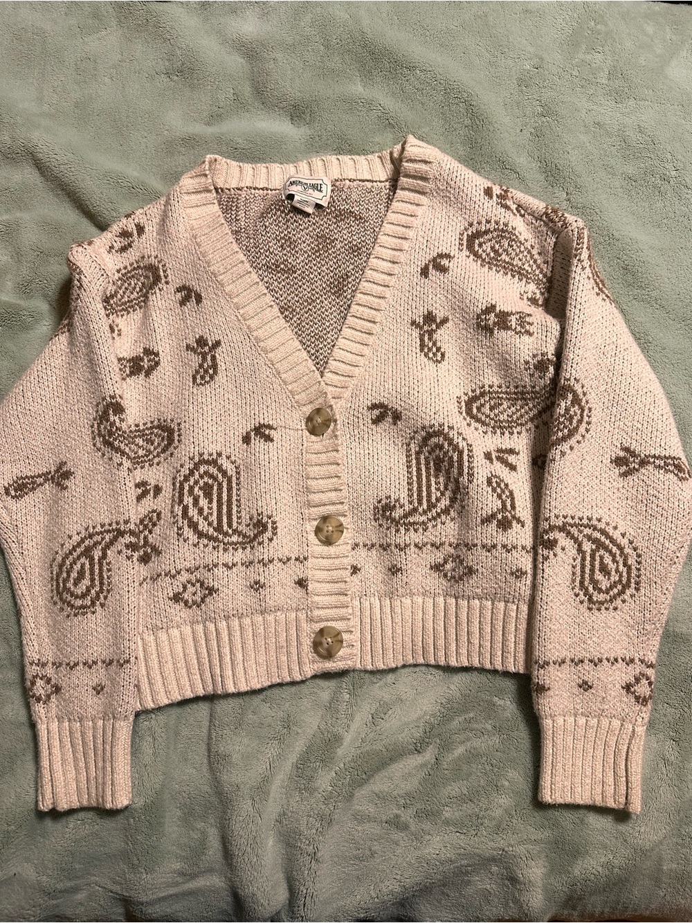 American Eagle Outfitters Cream Cardigan with Brown Paisley Print
